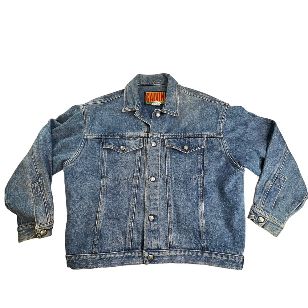 VTG Calvin Klein Denim Jacket 90's Women's Medium Snap Front Blue Jeans Trucker